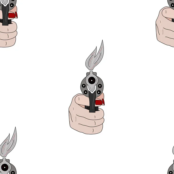 Background seamless pattern with gun the hand of a girl with a red manicure with smoke from a gun shot. — Stock Vector