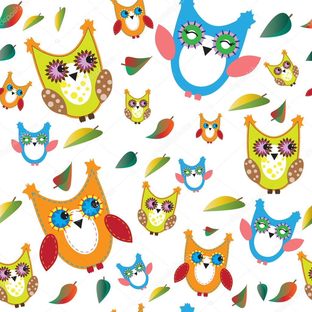 Colorful owls and autumn leaves