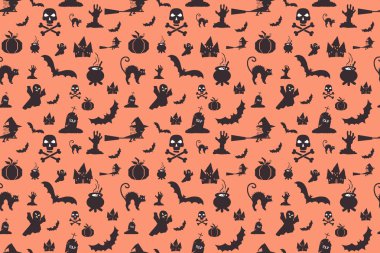 Cadılar Bayramı kafatası, kabak, hayalet, yarasa ve vampir arka plan.