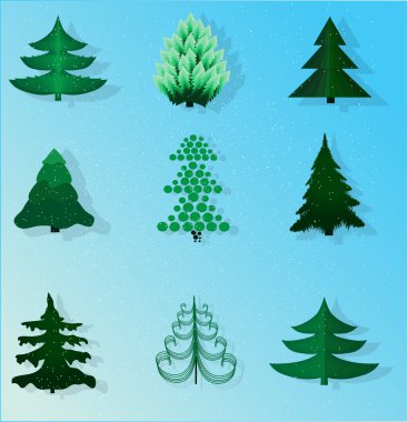 Mavi bir arka plan üzerinde Noel ağaçları kümesi.