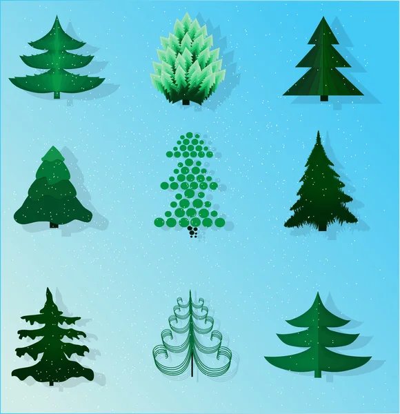 Mavi bir arka plan üzerinde Noel ağaçları kümesi.