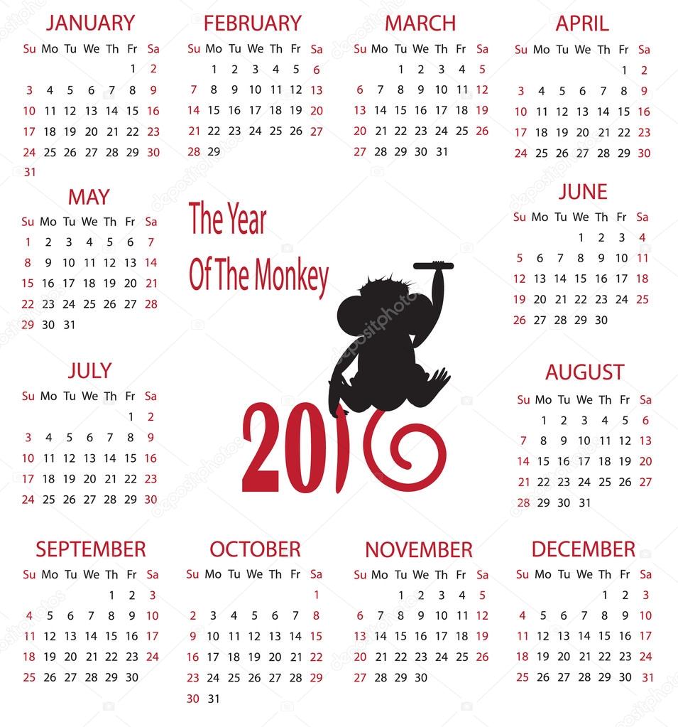 Calendar for 2016 with a Monkey.