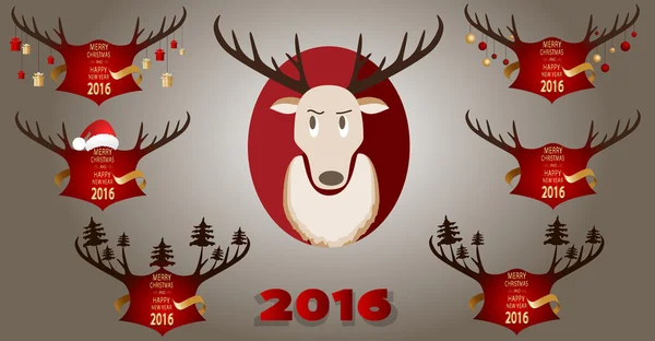 Banner de Navidad con cuernos y un reno sobre fondo rojo . — Vector de stock