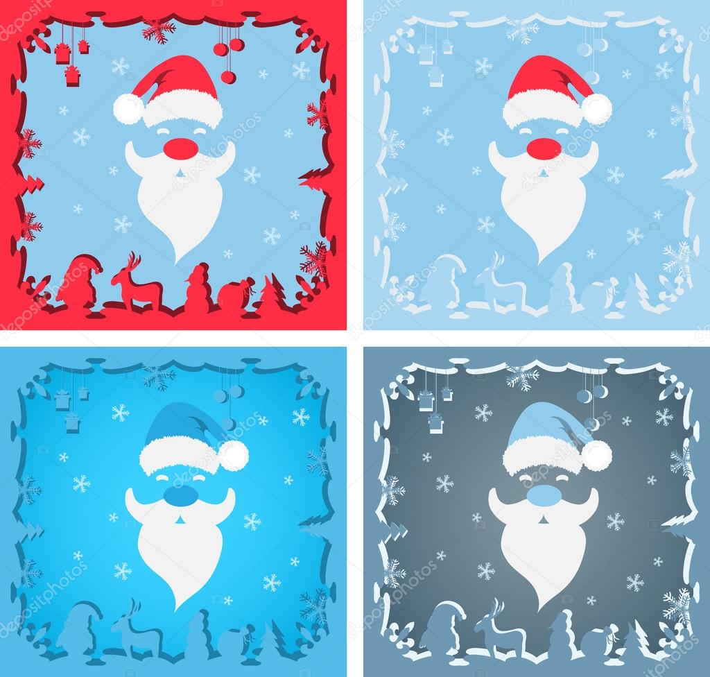 A set of Santa Claus on a blue background.