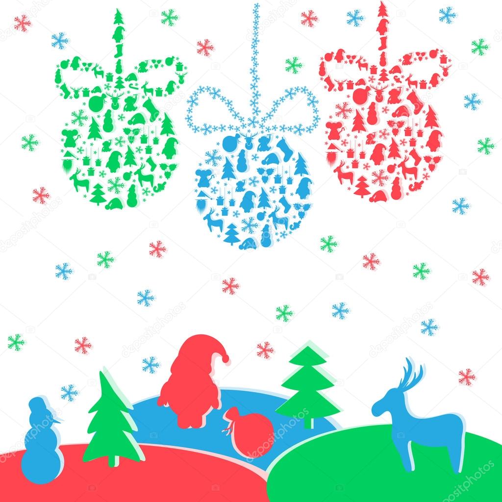 Colorful new year background with balls, Santa Claus and reindee