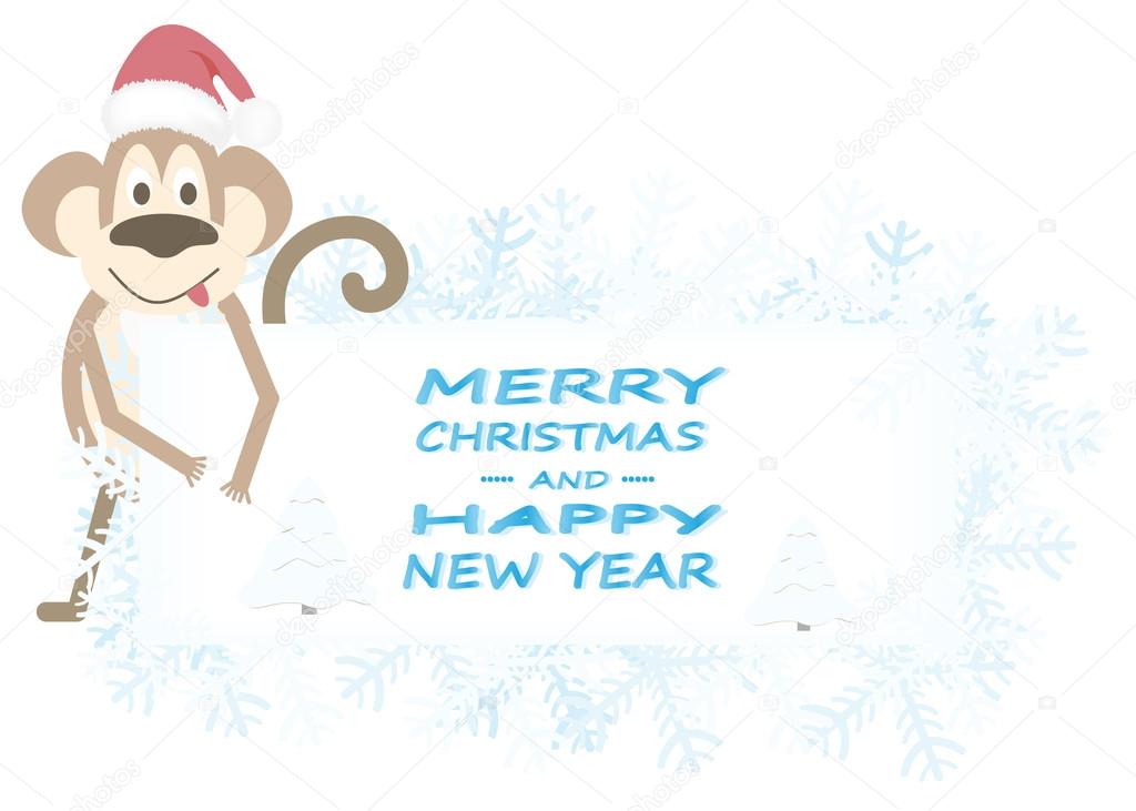 Christmas background with snowflakes and monkey.