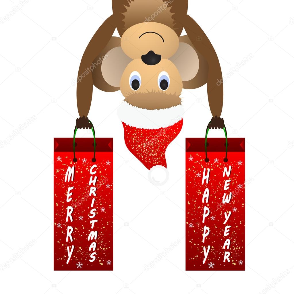 Christmas background with a monkey and a gift bag.