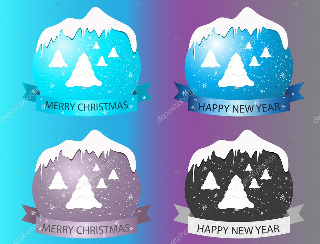 New year logo with Christmas trees on multi-colored background.