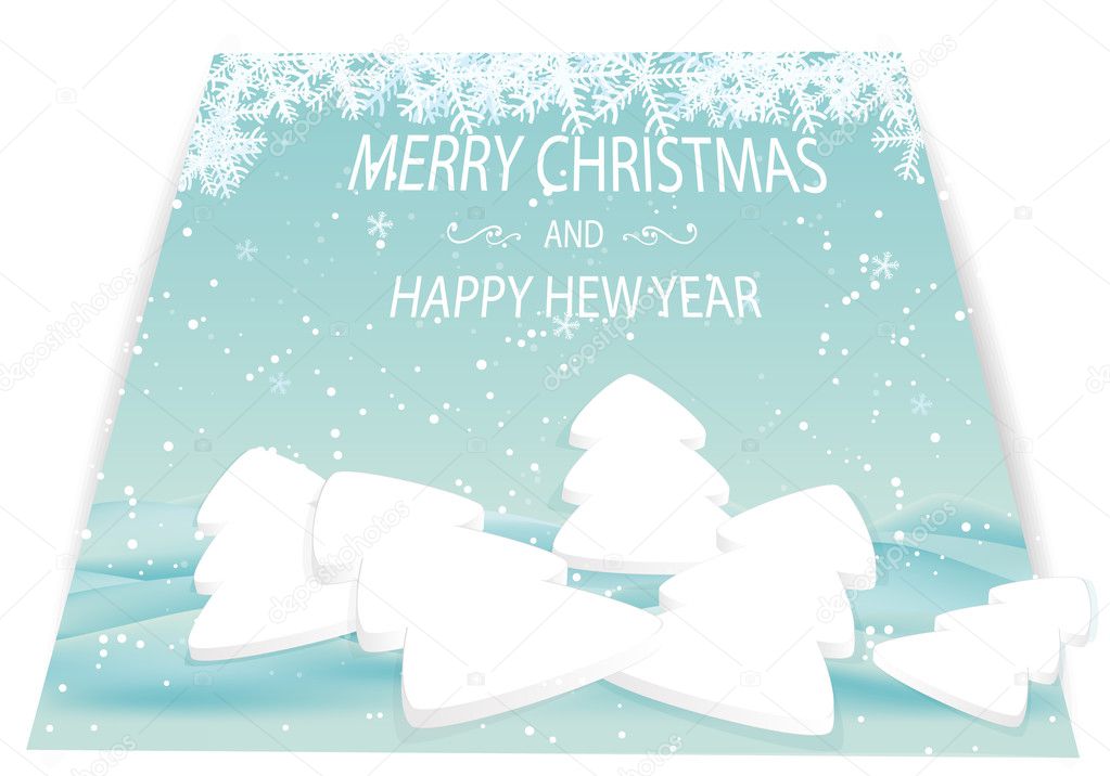 Christmas card with white trees and snow drifts.