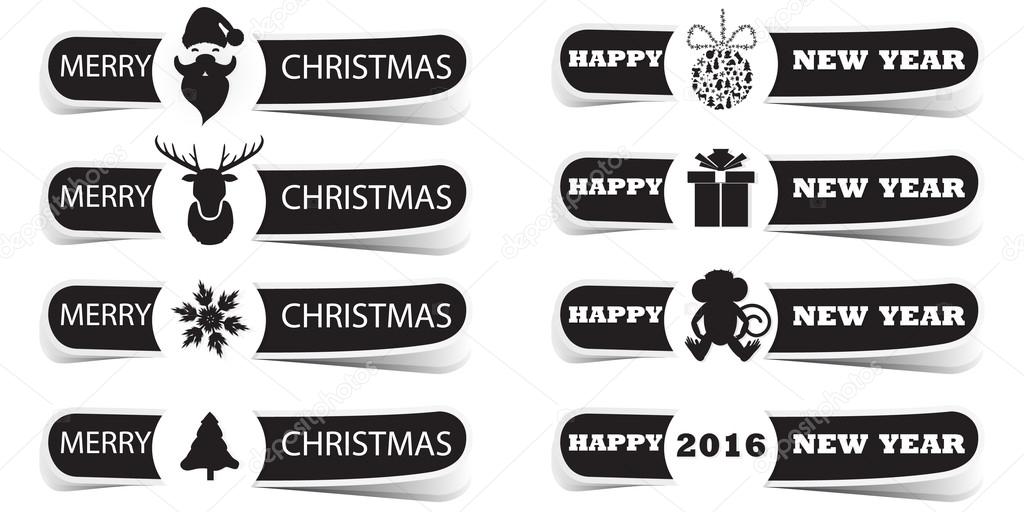 Black and white Christmas label with Christmas tree, Santa, snow