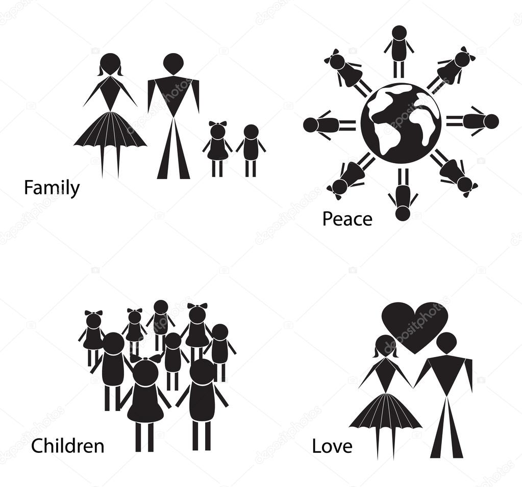 Black and white silhouettes of people and children.