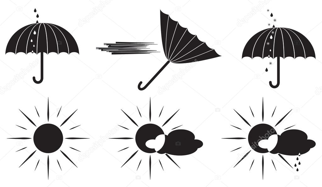 Black and white weather symbols umbrella and the sun.