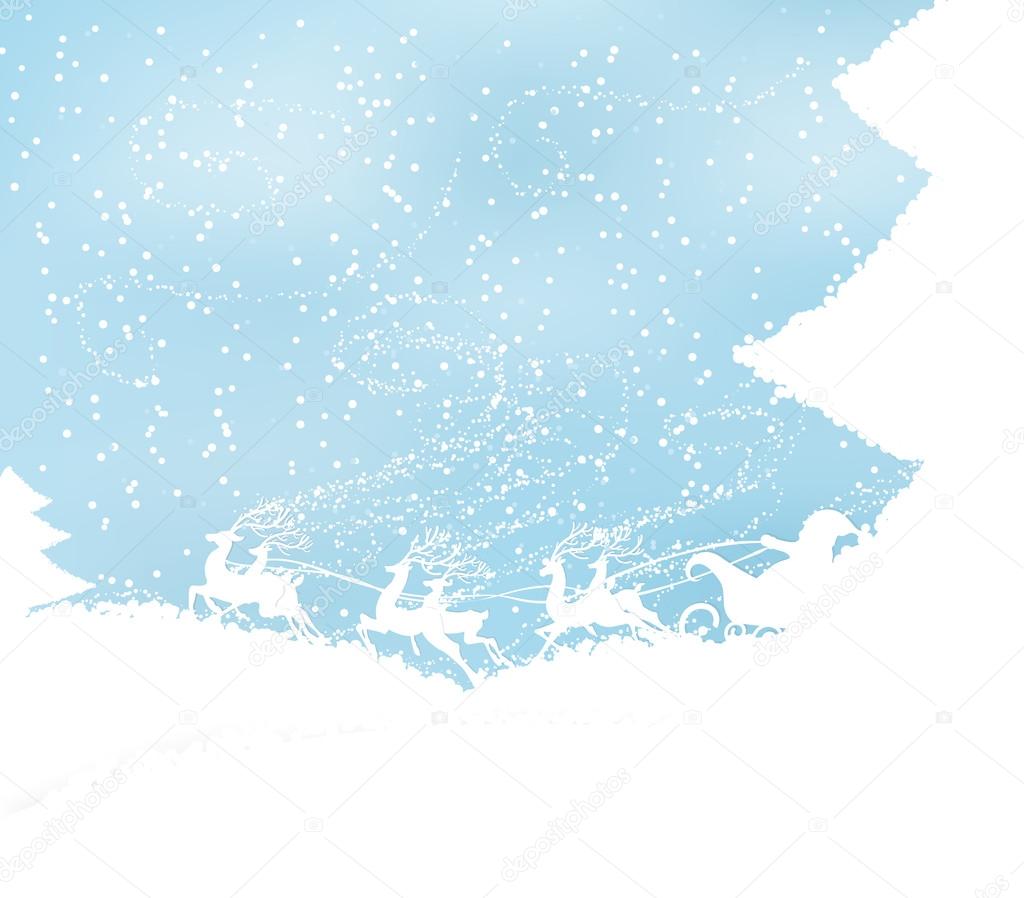 Christmas background with reindeer sled and Santa.