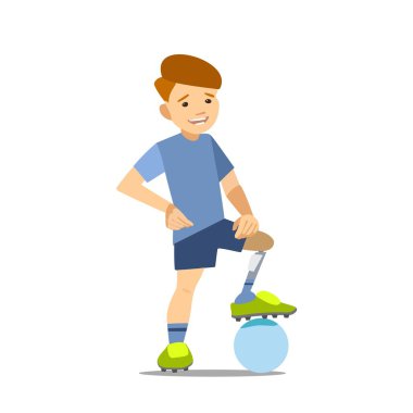 Paralimpik sporcu çocuk üzerinde bir futbol topu ile protez.