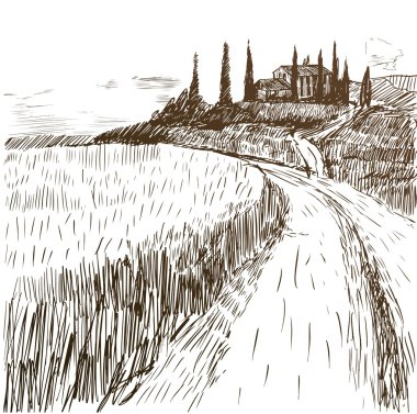 Arka plan hasat alanları ile eski evde. Çizilmiş vektör çizim el.