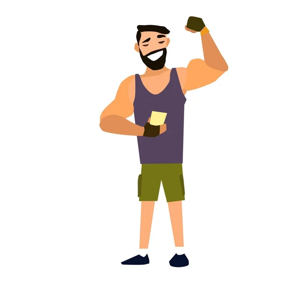 Muscular, barbudo hombre smartphone vector ilustración . — Vector de stock