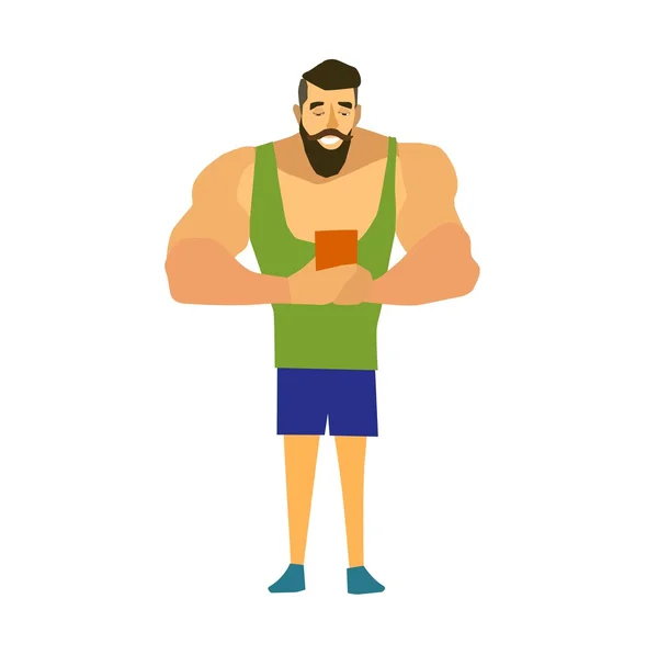 Muscular, barbudo hombre smartphone vector ilustración . — Vector de stock