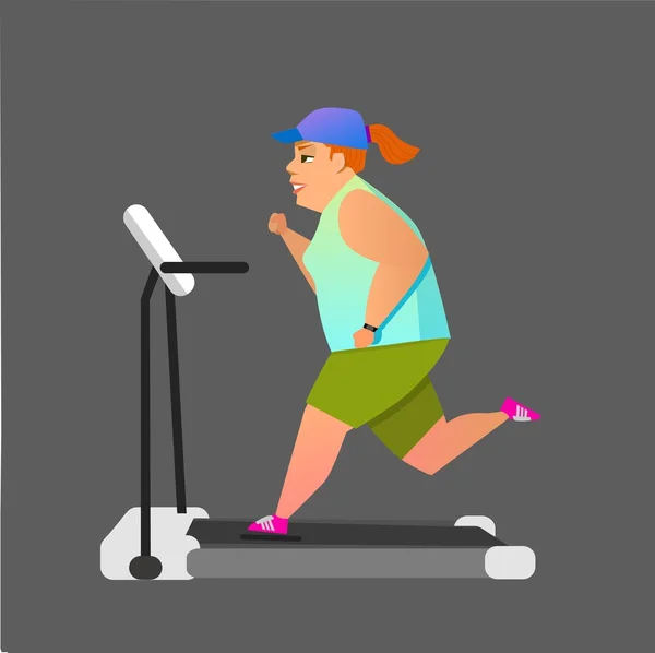 Mujer joven obesa corriendo en la cinta de correr . — Vector de stock