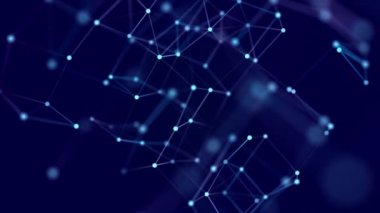 Dijital engelleme zinciri kavramı. Veri depolama ayrı hücrelerde. Noktalar ve bağlantı çizgileri olan soyut bir arkaplan. 3B görüntüleme.