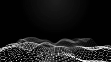 Soyut dalga. Siyah arka planda noktaların ve çizgilerin birleşimi. Büyük veri. Üç Boyut