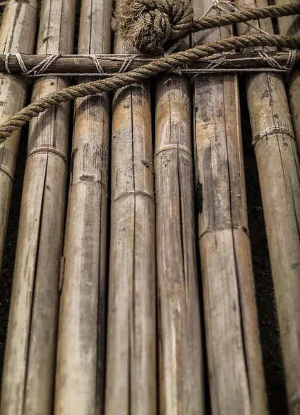 Cenário Floresta Tropical Corda Abandonada Amarra Jangada Bambu Seca Flutuando — Fotografia de Stock