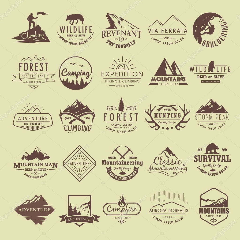 Set of vintage labels on the theme of Climbing, Trekking, Hiking, Mountaineering, Hunting. Extreme sports, outdoor recreation, adventure in the mountains, vacation. Achievement.