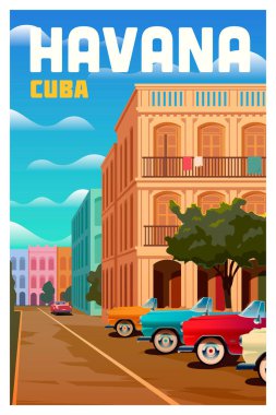 Havana, Küba. Vektör seyahat posteri.