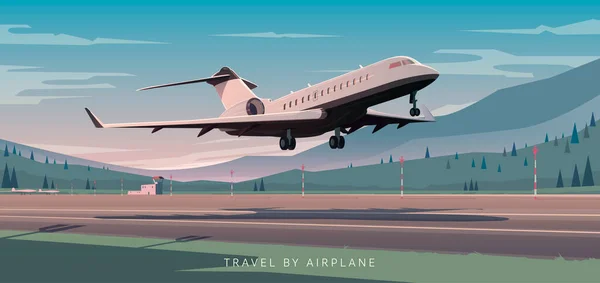 The plane takes off. The mountains airport. — Stock Vector