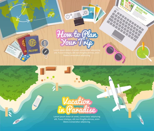 Conjunto de banner plano vetorial de viagem colorido —  Vetores de Stock