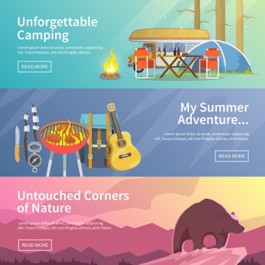 Renkli kamp vektör düz afiş set