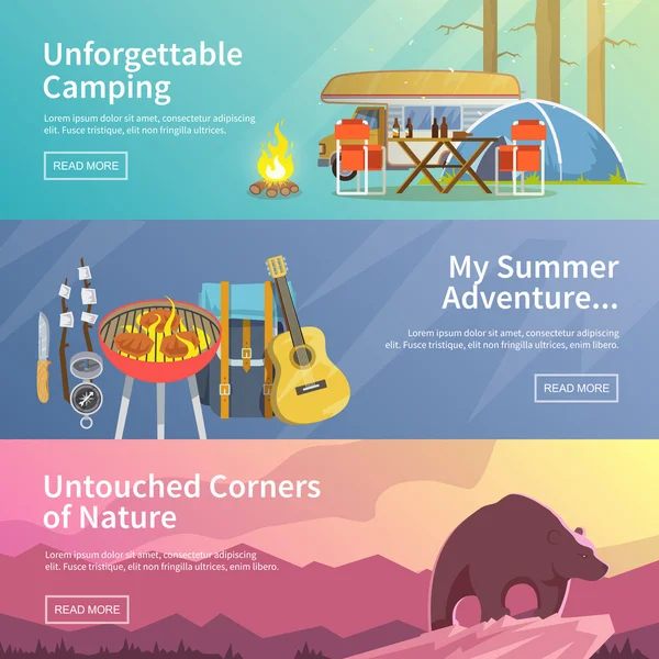 Colorido camping vector banner plano conjunto — Archivo Imágenes Vectoriales