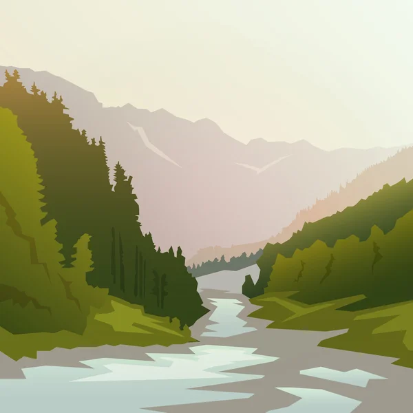 Paisaje salvaje con bosque y río — Vector de stock