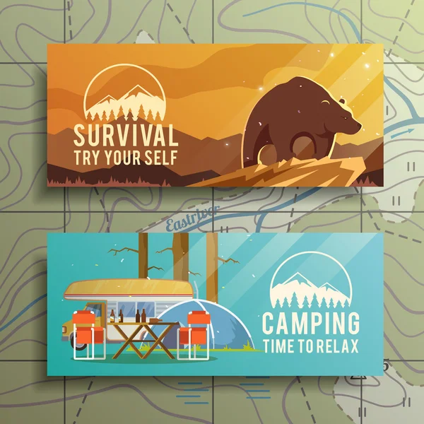 Banderas de camping planas — Vector de stock