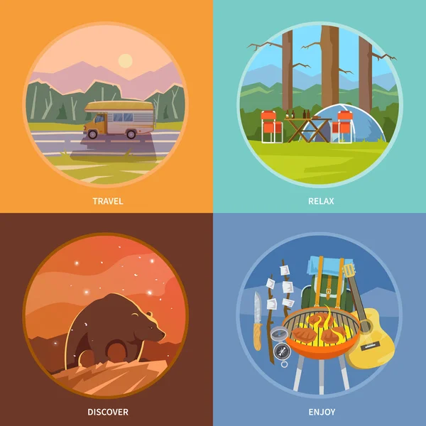 Square flat vector camping illustrations — 스톡 벡터