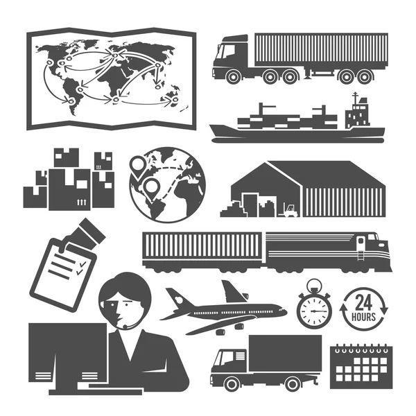 Vector black and white logistics icons — Stok Vektör