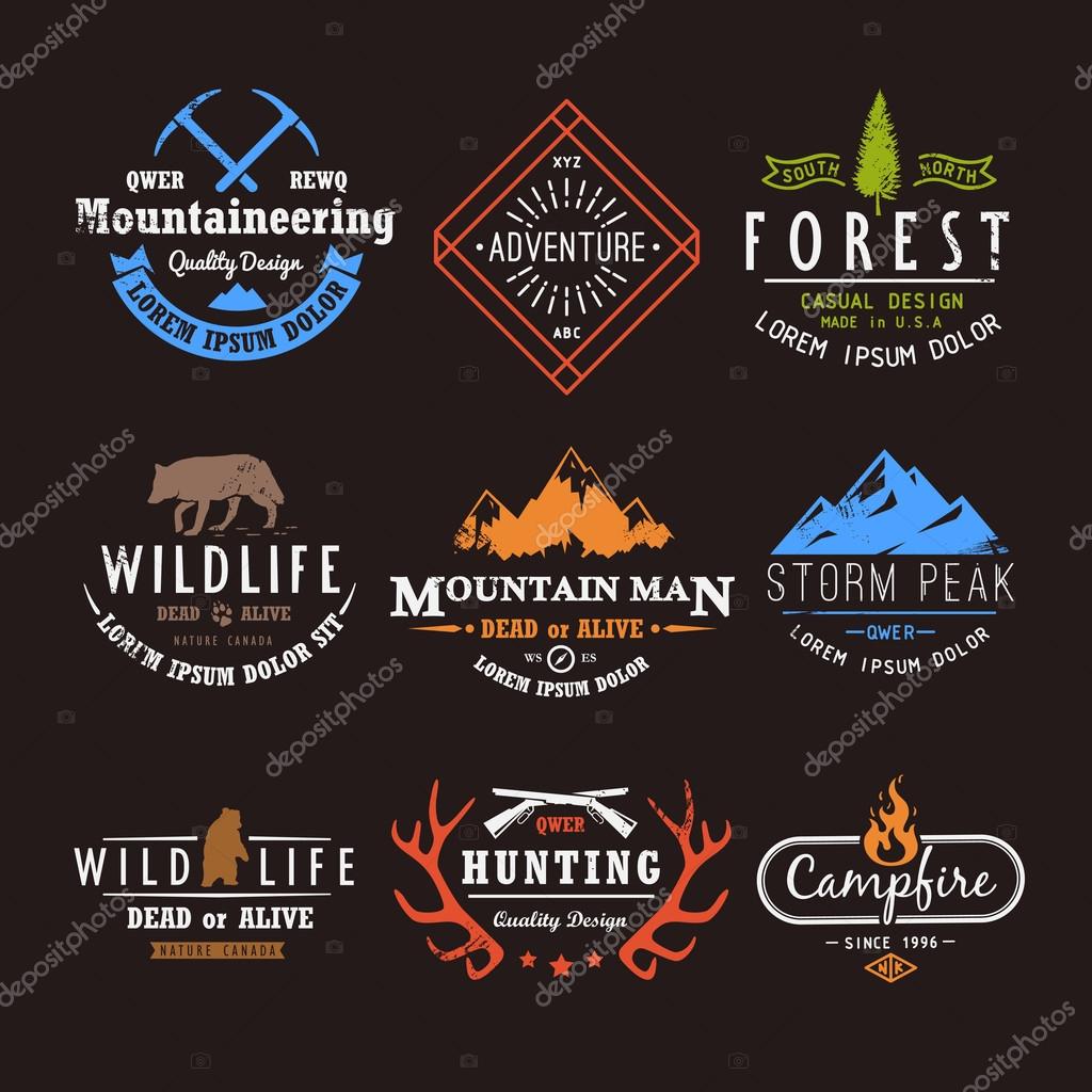 Set of premium vector labels on the themes of wildlife, nature, hunting, travel, wild nature, climbing, life in the mountains, survival, Retro, vintage, casual design