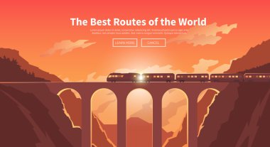 Travel by train. Web banner. Mountain railway.