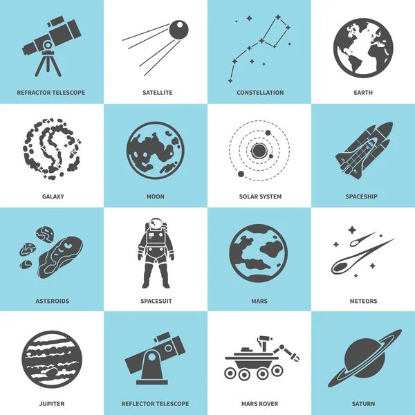 Conjunto de iconos de astronomía negro — Vector de stock