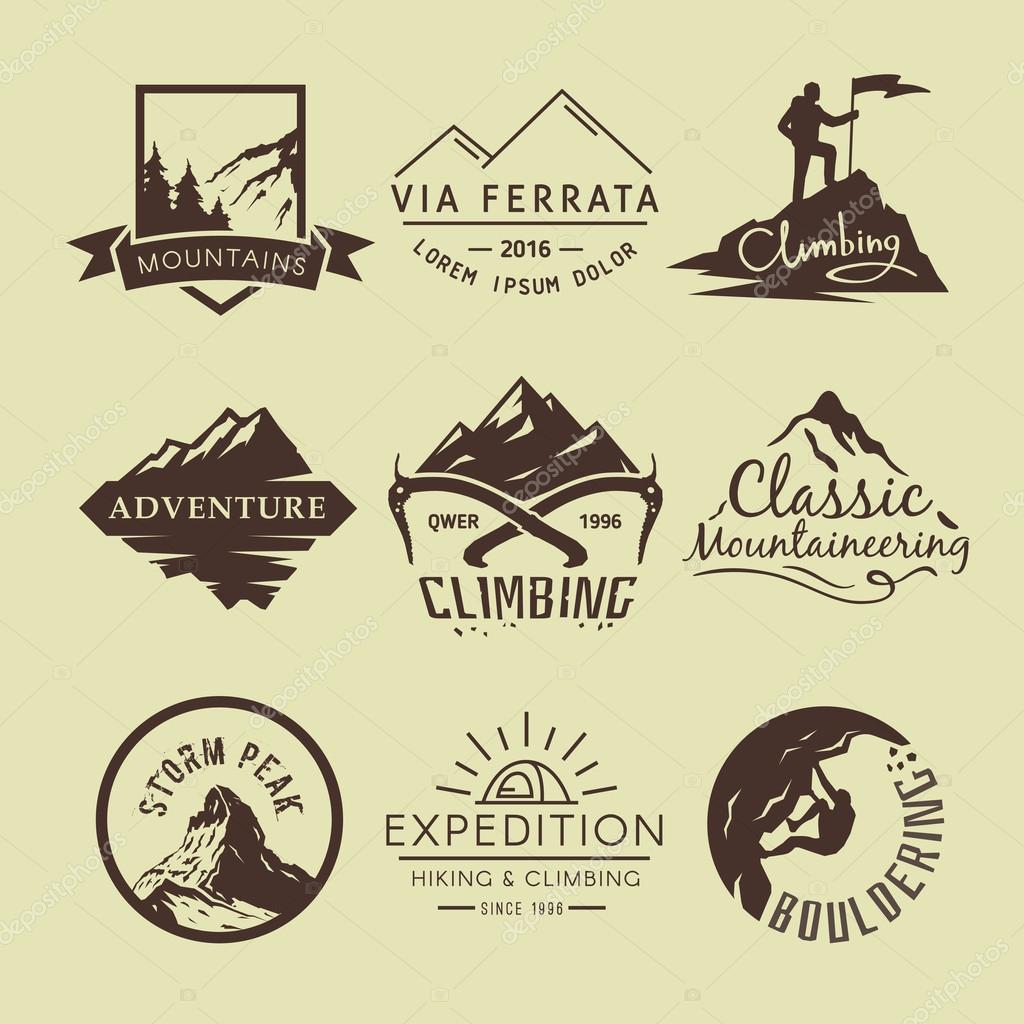 Set labels on the theme of Climbing, Trekking, Hiking, Mountaineering. Extreme sports, outdoor recreation, adventure in the mountains, vacation. Achievement