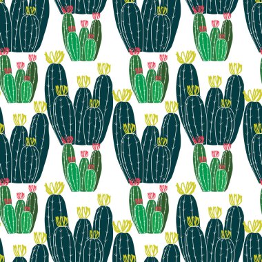 Renkli kaktüs bitkisi yeşil vektörsüz desen. Koyu arkaplan yüzeyindeki zarif kumaş desen tasarımı.