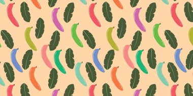 Renkli muzlar ve yeşil yapraklı vektörsüz desenli güzel bir arka plan. Tekstil baskısı, kumaş, duvar kağıdı, ambalaj, hediye paketi ve davetiye kartı kadar harika. Yüzey Deseni Tasarımı.