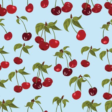 Kiraz Vektörü Kusursuz Desenli Arkaplan. Kumaş, tekstil baskısı, duvar kağıdı, ambalaj veya ambalaj için moda.