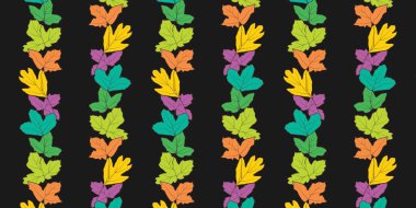 Renkli vektör siluetleri siyah arkaplanlı, pürüzsüz desenli. Kumaş, tekstil baskısı, ambalaj, hediye paketi, duvar kağıdı için harika. Yüzey deseni tasarımı.