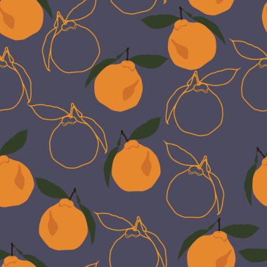 Mor arka planda turuncu meyvesiz desen. Tropik meyve vektör illüstrasyonu. Kumaş, tekstil baskısı, duvar kağıdı, davetiye veya ambalaj için moda.