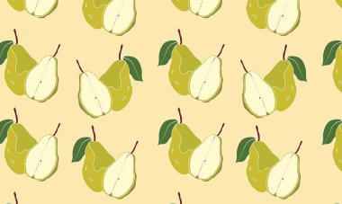 Yeşil armut armutsuz desenli arka plan. Tropik meyve vektör illüstrasyonu. Kumaş, tekstil baskısı, duvar kağıdı, davetiye veya ambalaj için moda.