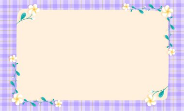 Frangipani Plumeria Flower Lilac Purple Gingham Pattern Paper Background Frame Border. Blank note Vector Illustration. Editable Stroke.