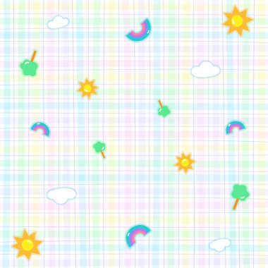 Cute Ornament Element Sun Cloud Tree Rainbow Pastel Gingham Pattern Background Editable Stroke. Cartoon Vector Illustration Tablecloth, Picnic Mat, Fabric pattern, Textile, Tile, Scarf Wrapping Paper.
