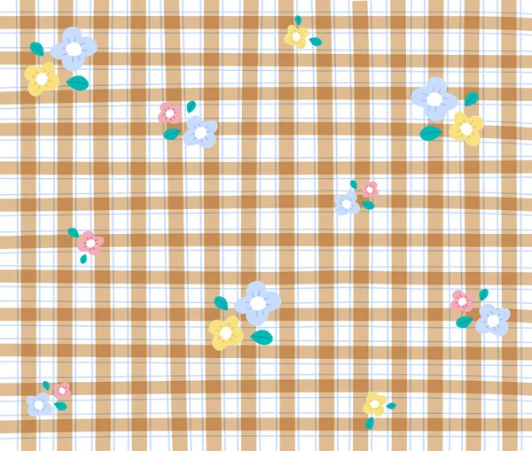 Beige Gingham Patterns Flower Background Editable Stroke — Stok Vektör