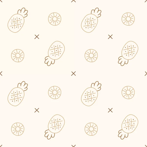 Brown Monotone Outline Flat Minimal Pineapple Vector Pattern Design Ivory — 스톡 벡터