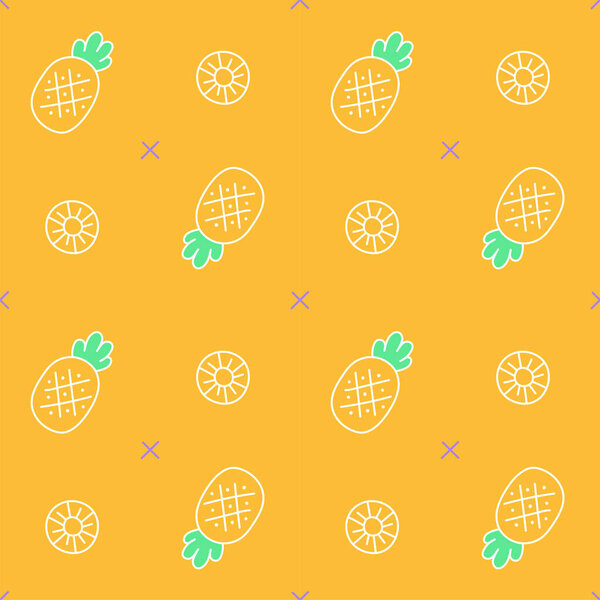Outline Flat Minimal Pineapple Vector Pattern Design Yellow Background Editable Stroke. Cartoon Illustration Cloth, Picnic Mat, Fabric pattern, Textile, Tile, Scarf, Wrapping Paper.